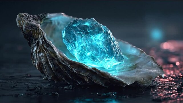 Luminous blue crystal glowing within an open oyster shell, mysterious fantasy treasure, precious iridescent gem discovery in dark environment