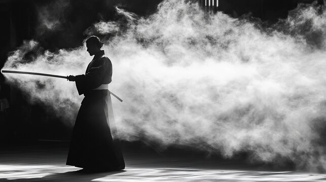 Iaido practitioner, smoky dojo, swordsmanship, spiritual practice