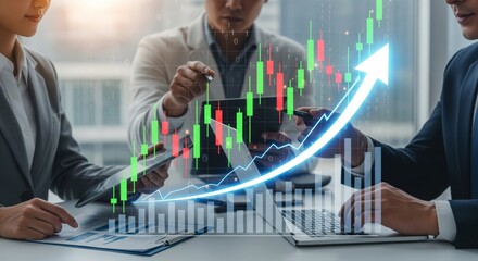 Business team meeting with laptop and tablet showing oversized glowing candlestick chart and rising arrow — stock market growth, fintech collaboration