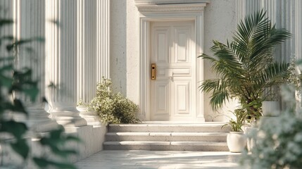 Obraz premium Elegant white building entrance with large columns, a classic door, and potted green plants creating a serene and inviting atmosphere.