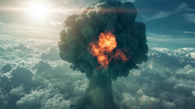 A massive explosion of smoke and fire fills the sky, with flames reaching high into the air