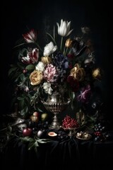 A still life arrangement of colorful flowers, fruits, and antique-style vessels, rendered in a dramatic, dark-hued setting.