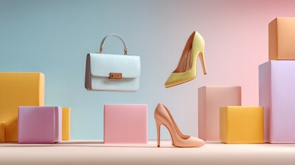Floating bag and shoes with pastel blocks against a gradient backdrop create a minimalist, stylish composition