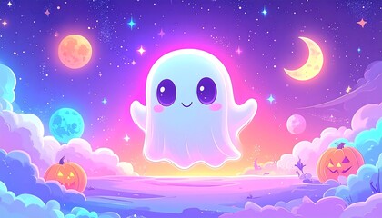 Fototapeta premium Cute cartoon ghost floating in night sky with stars and pumpkins