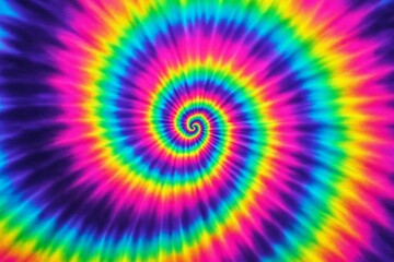 Vivid psychedelic spiral with rainbow tie-dye swirl pattern creating an abstract colorful background with radiant light effect on fabric. Ai generative