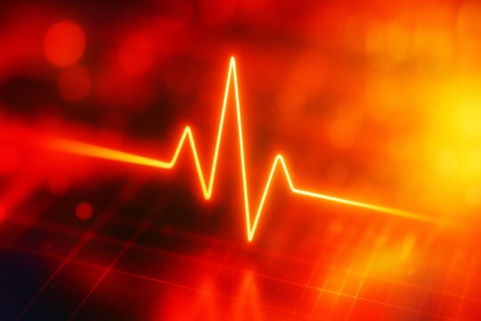 Glowing electrocardiogram heartbeat line with red and orange vibrant light on abstract energy background, symbolizing health and life concept. Ai generative