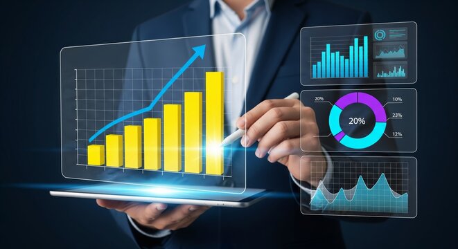 Businessman Using Digital Tablet with Holographic Financial Charts and Analytics Dashboard