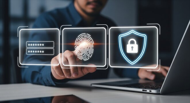 Businessman using holographic cybersecurity authentication interface with large password field, fingerprint scan, and security shield padlock icons — digital identity protection and data security conc