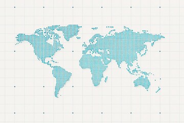 Abstract dotted world map in blue tones on light grid background, ideal for global network, communication, or data technology concept visuals.