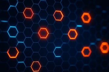 Glowing hexagons in blue and orange on dark abstract tech background with copyspace and futuristic digital light grid design concept. Ai generative