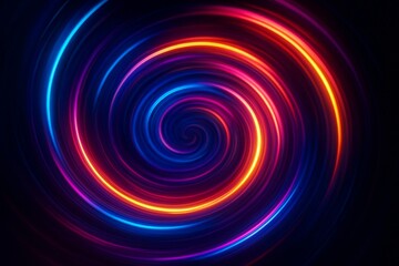 Glowing neon spiral swirl with vibrant blue, pink, and orange curved light trails on dark background, ideal for abstract copyspace designs. Ai generative