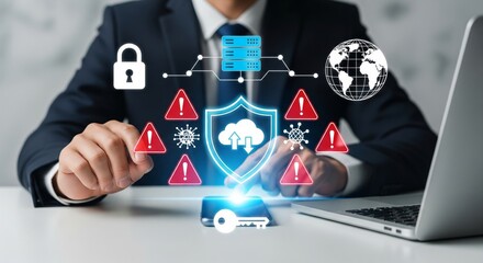 Businessman Using Smartphone and Laptop with Holographic Cloud Computing and Cybersecurity Protection