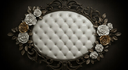 Ornate Frame with White and Gold Roses on Dark Backdrop A Luxurious Decorative Element for Elegant Designs and Artistic Compositions Featuring Intricate Details and Refined Style