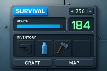 Survival game user interface with health bar, inventory icons, and crafting options in a futuristic blue and gray style on metal background. Ai generative
