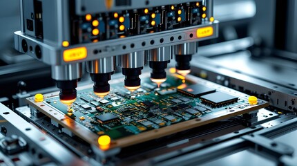 A close-up of an automated machine placing components on a circuit board