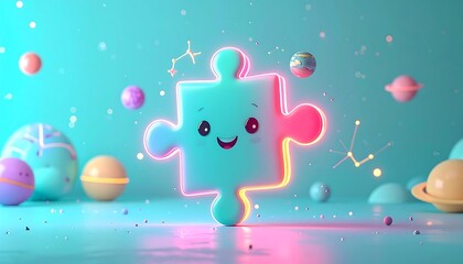 Cute glowing puzzle piece with surrounding spheres against aqua background