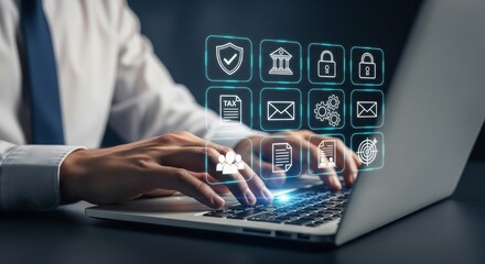 Businessman working on laptop with oversized holographic AML compliance and finance icons (shield, bank, lock, tax, envelope, gears, team, document, target) — fintech regulation and cybersecurity conc