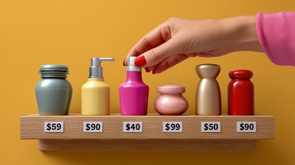 A hand selects a colorful bottle from a display shelf, showcasing various containers with price tags against a bright yellow background.