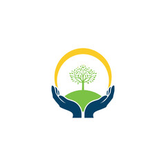 Eco-friendly tree growth concept vector illustration with green leaves, human hands and faces featuring nature, sustainability, environment, and wellness design