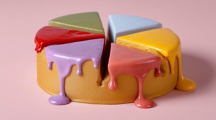 A colorful, artistic cake with dripping icing in various shades, set against a soft pink background.