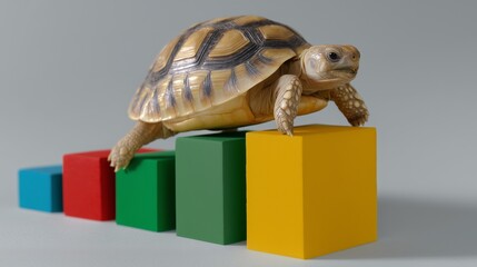 A tortoise climbs colorful blocks, showcasing its slow and steady nature against a minimalist background.