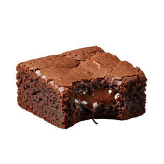 Freshly baked, decadent chocolate brownie with a bite taken revealing ultra-fudgy interior, molten core, crisp crust, crumbs, isolated on transparent, concept of indulgence and craving