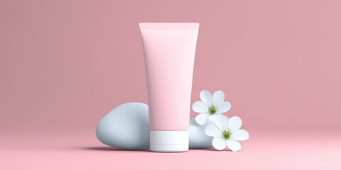 Pink cosmetic tube placed on smooth stone, surrounded by delicate white flowers, set against a soft pink background, creating a serene and inviting beauty product display