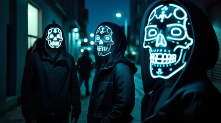 a group of people wearing glowing skull masks