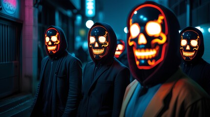 a group of people wearing glowing skull masks