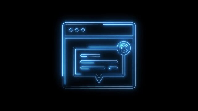 Neon browser window with notification message symbol shining on a black background animation