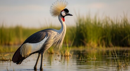 Fototapeta premium Grey Crowned Crane Standing in Shallow Water.