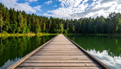 Obraz premium Wooden path over serene lake