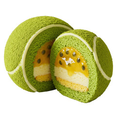 Extreme close-up macro of a gourmet tennis ball dessert, halved to show matcha coating, glistening passion fruit, lemon sponge, crispy praline, on transparent, concept of luxury food innovation