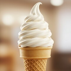 A creamy vanilla soft serve ice cream cone with a waffle cone on a blurred background, perfect for a hot summer day