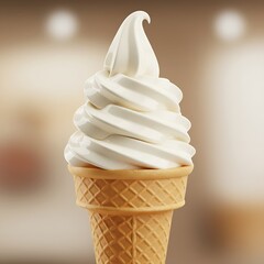 A creamy vanilla soft serve ice cream cone with a waffle cone on a blurred background, perfect for a hot summer day