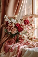 Anniversary bouquet with roses, orchids, and pink ribbons in twilight light, perfect for Pinterest pins and romantic wallpapers

