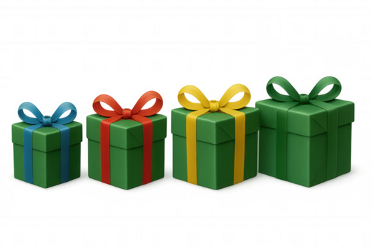 Green gift boxes tied with blue, red, yellow, and green ribbons, symbolizing celebration, gifting, and holiday spirit