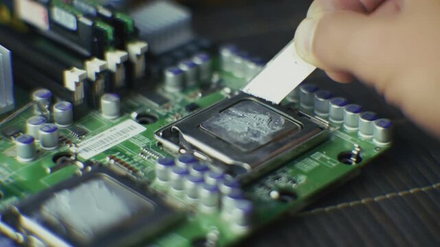 Technician Applying Thermal Paste To CPU Processor On Computer Motherboard. Repairing Hardware And Maintenance Service