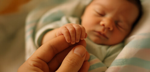 Close-up of a newborn baby gently holding an adult’s finger, symbolizing tenderness, care, parenthood, and the emotional connection between child and parent in early life moments.