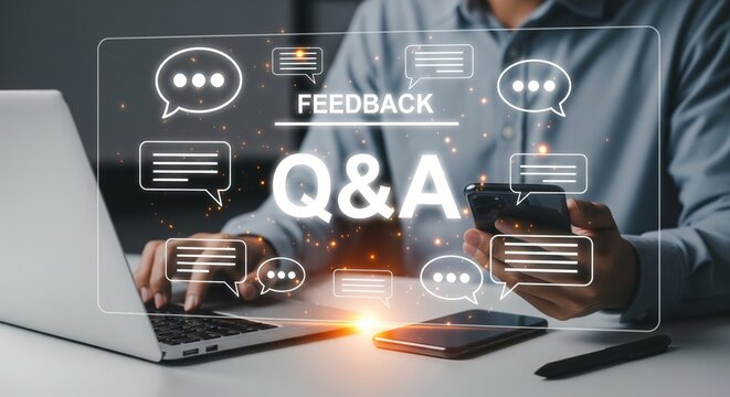 Man using laptop and smartphone with holographic Q&A feedback interface and chat bubble icons customer support concept