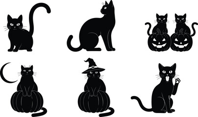 Halloween black cat vector set with pumpkins, witch hat, spooky moon, cartoon silhouette kittens, scary feline mascot for haunted decoration