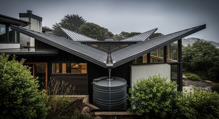 Unique house design featuring angular roof and a water tank in a rural setting