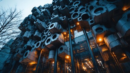 Modern architectural building with unique geometric design. The structure features circular elements and glass entrances, illuminated at dusk.