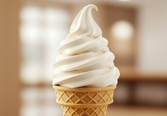 Delicious soft serve ice cream cone with a creamy swirl, perfect for a hot day and a sweet treat, on a blurred background