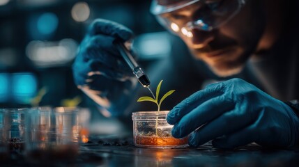 A scientist in a lab carefully injects a small plant in a petri dish. The scene highlights biotechnology and plant research.