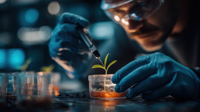 A scientist in a lab carefully injects a small plant in a petri dish. The scene highlights biotechnology and plant research.