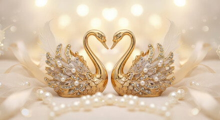 Golden Swan Figurines Adorned with Pearls and Crystals Symbolizing Elegance and Luxury on a Soft Background with Bokeh Lights and Delicate Ribbons for Home Decor