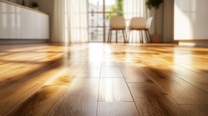 Obraz premium A bright, modern interior featuring polished wooden flooring and a spacious window with soft natural light illuminating the room.
