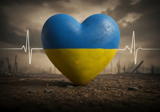 Heart of Ukraine beats despite war background illustration with life line, symbol support freedom