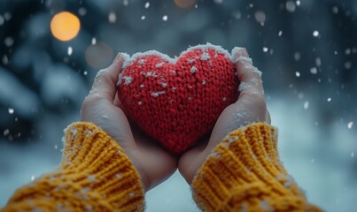 Hands holding a knitted red heart against a snowy background, symbolizing love, warmth, and friendship. The image evokes the feelings of care and emotional support during the winter, Generative AI